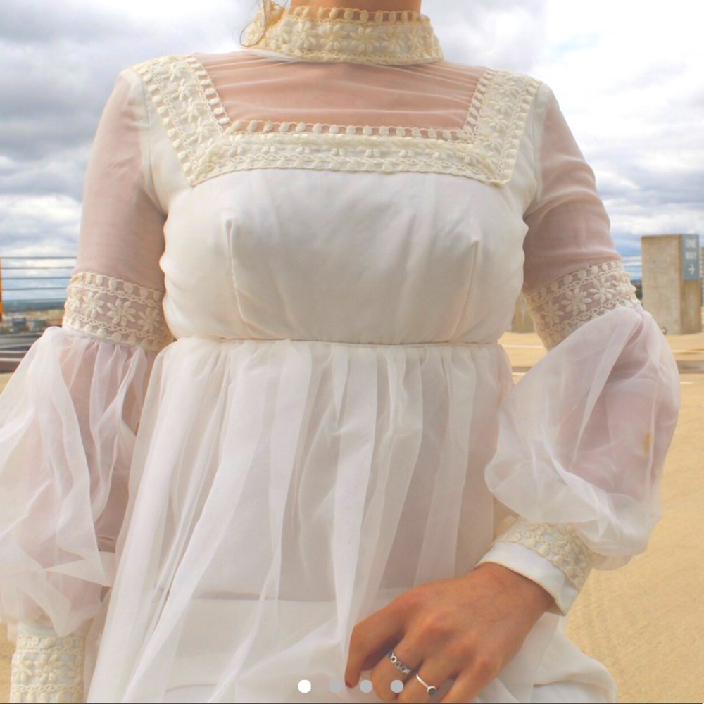 VINTAGE 70s White Crochet High Neck Wedding Dress